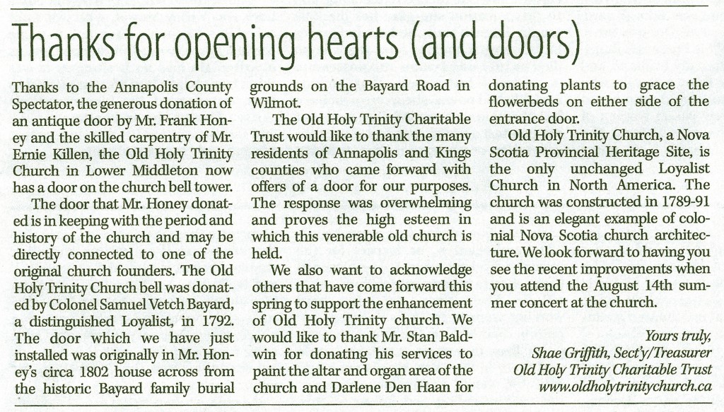 Thank You Letter from Shae Griffith of the Old Holy Trinity Charitable Trust Annapolis County Spectator - 2 July 2009